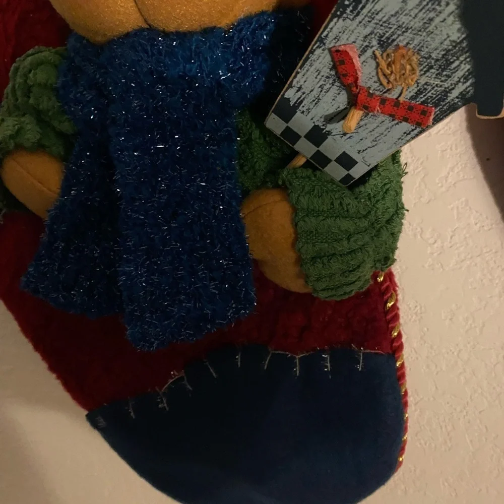 2 Christmas Plush 3D Patchwork Holiday Stockings Snowman and Reindeer 18”x 10”